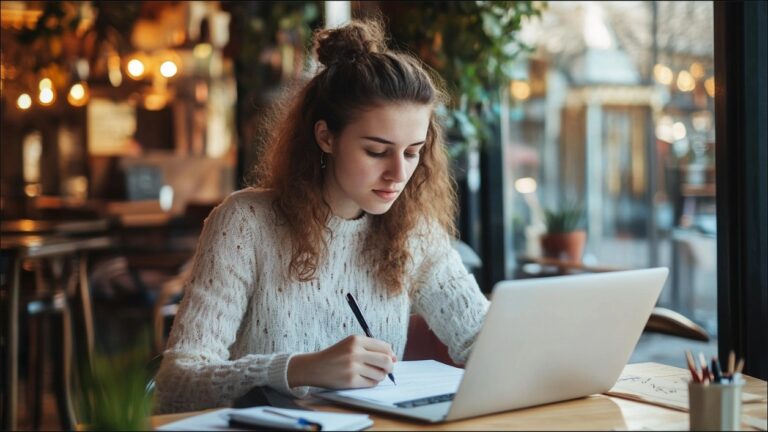 focused young person with laptop, CV writing, job search workspace